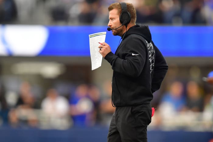 Dec 17, 2023; Inglewood, California, USA; Los Angeles Rams head coach Sean McVay watches game action against the Washington Commanders during the first half at SoFi Stadium. Mandatory Credit: Gary A. Vasquez-USA TODAY Sports